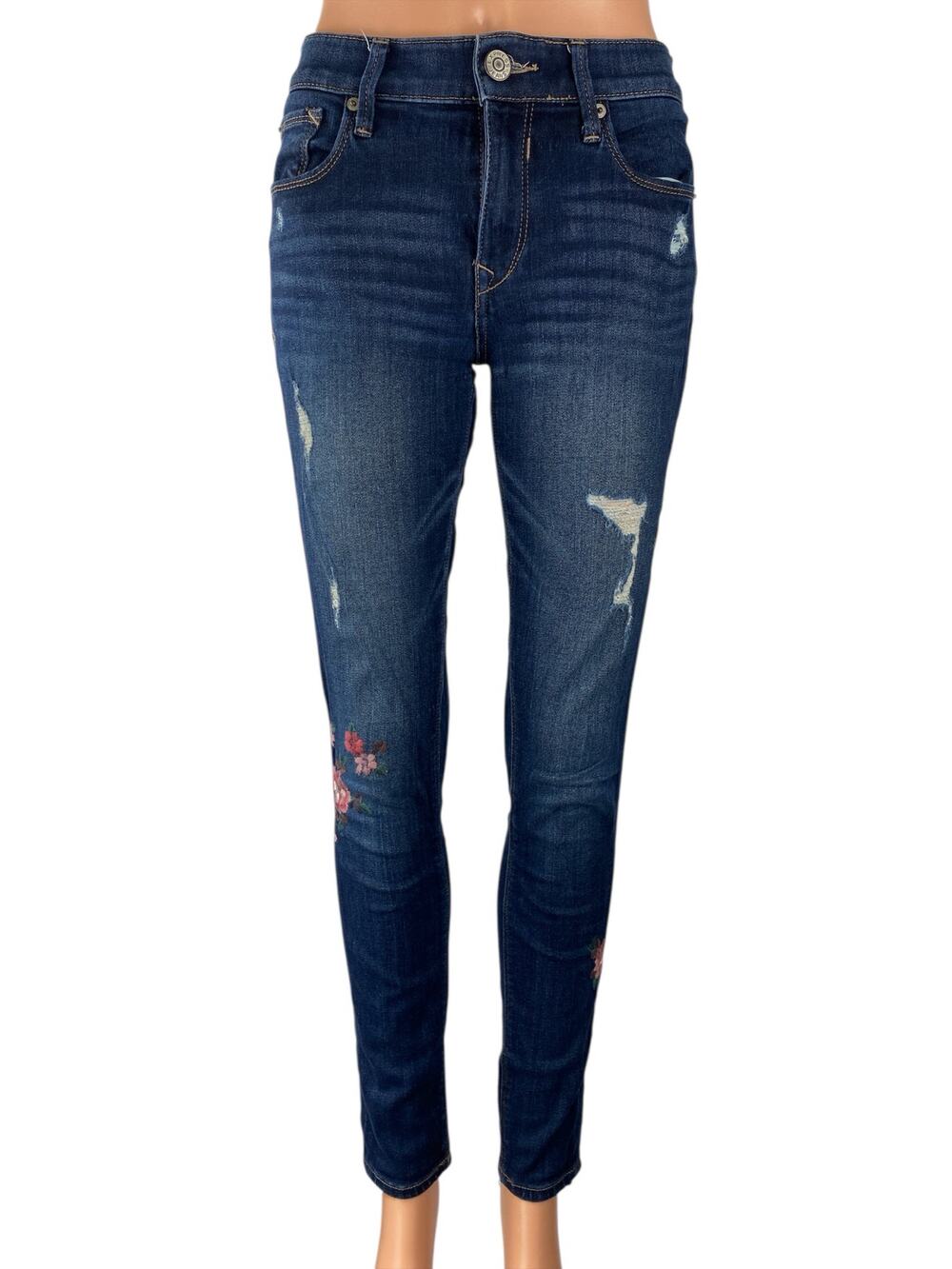 Express Stretch Blue Floral Embroidery Distressed Mid Rise Denim Jeans Pants 2